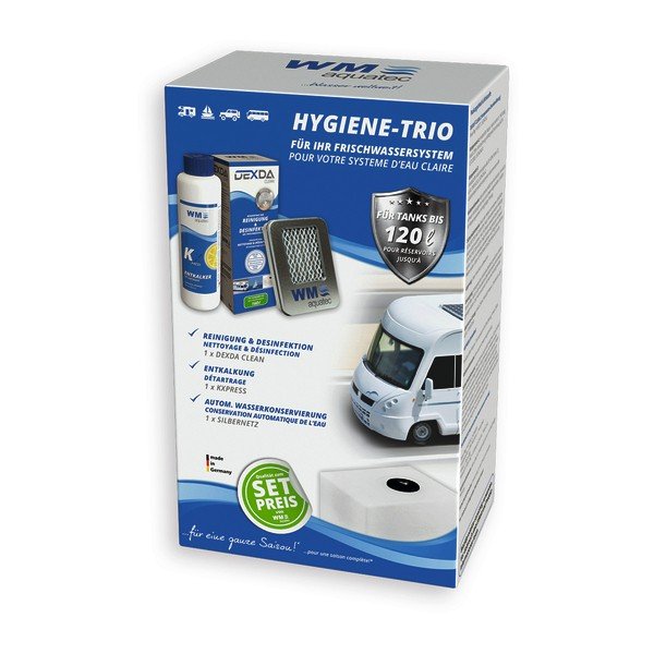 Puhastusvahend puhtaveesüsteemile HygieneTrio Set kuni 120L, hõbedafilter+KXpress + DEXDA Clean