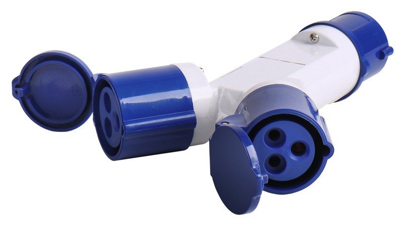 CEE plug/ 2-fold CEE distribution socket with hinged cover