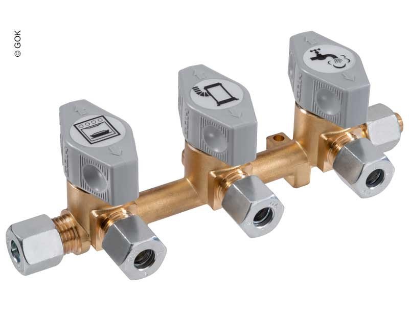 3-fold quick-acting shut-off valve for 10mm inlet &amp; 8mm outlets