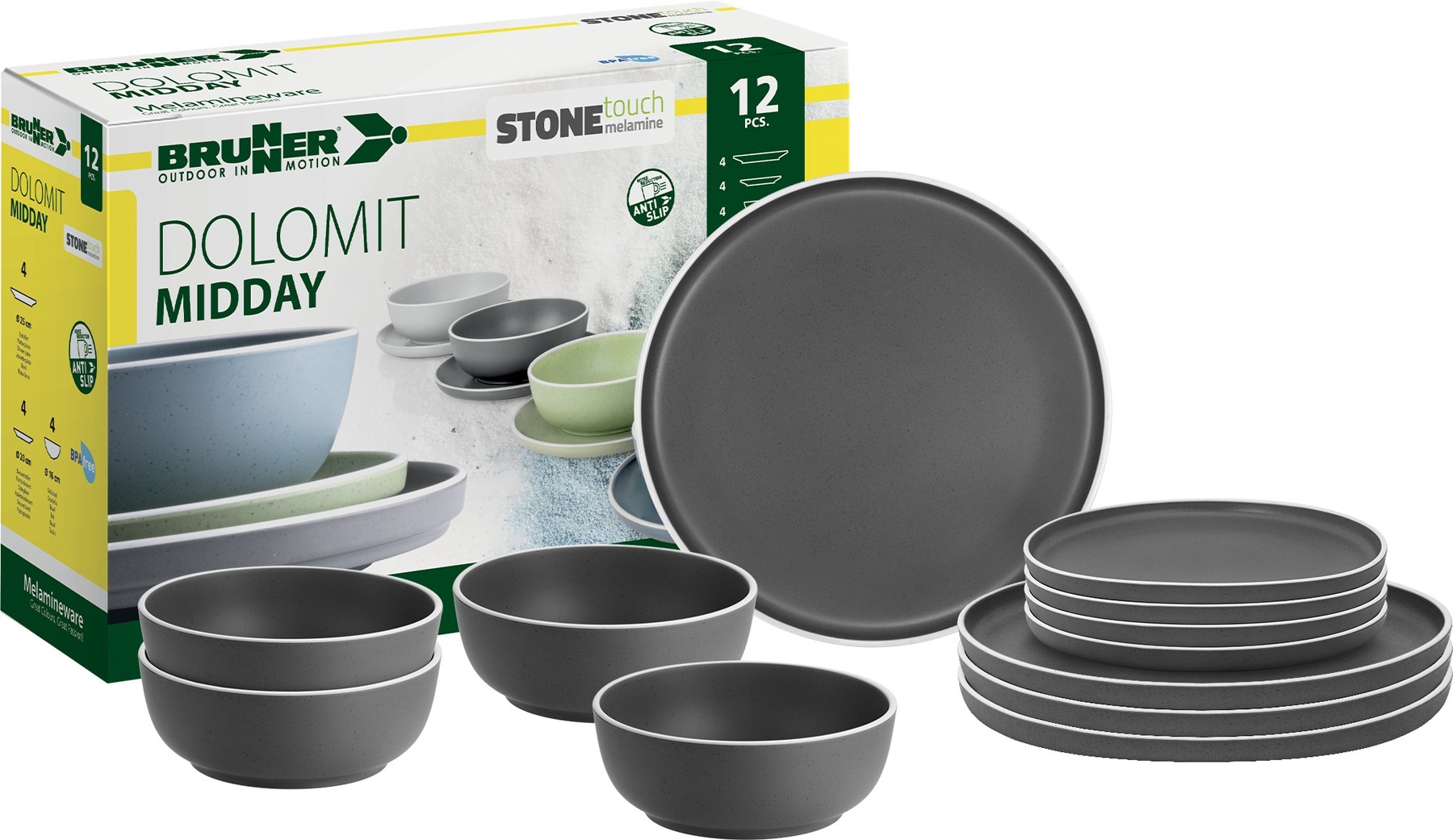 Nõudekomplekt Dolomit Grey, 4-le, 12 osa, AntiSlip